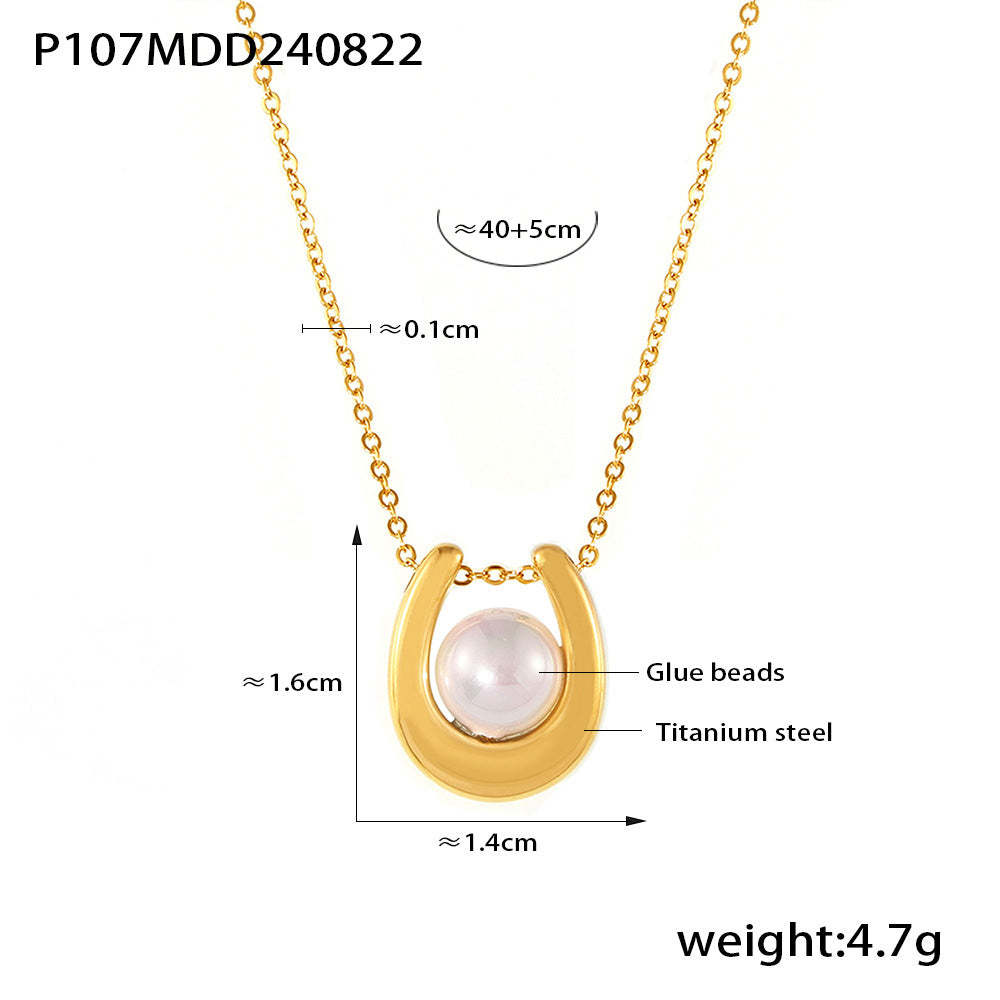 D관 - 기하학적 하트 모조 진주 펜던트 캐주얼 럭셔리 티타늄 스틸 18K 도금 목걸이 [P107-P1408] 24.08-5