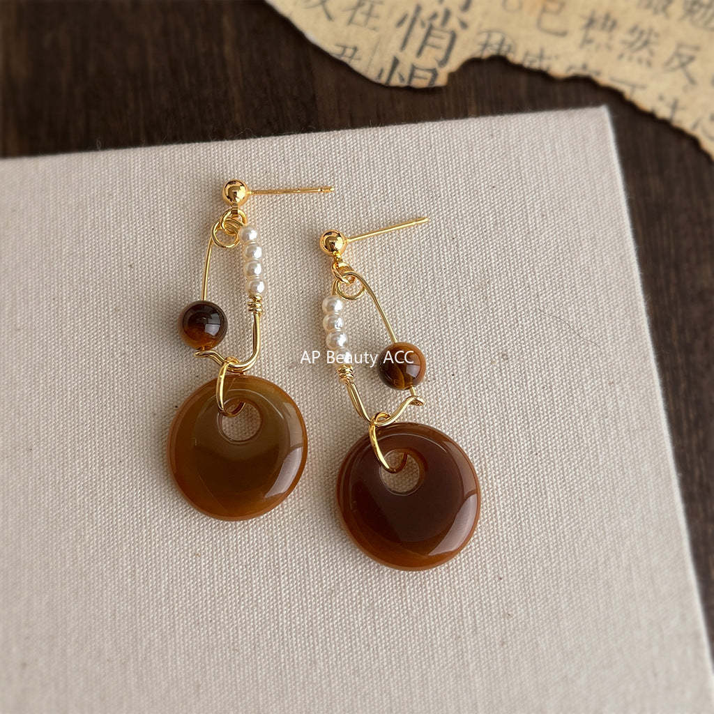 C관 - 호안석 원형 드롭 핸드메이드 925 은침 귀걸이 [7147] 25.11-4