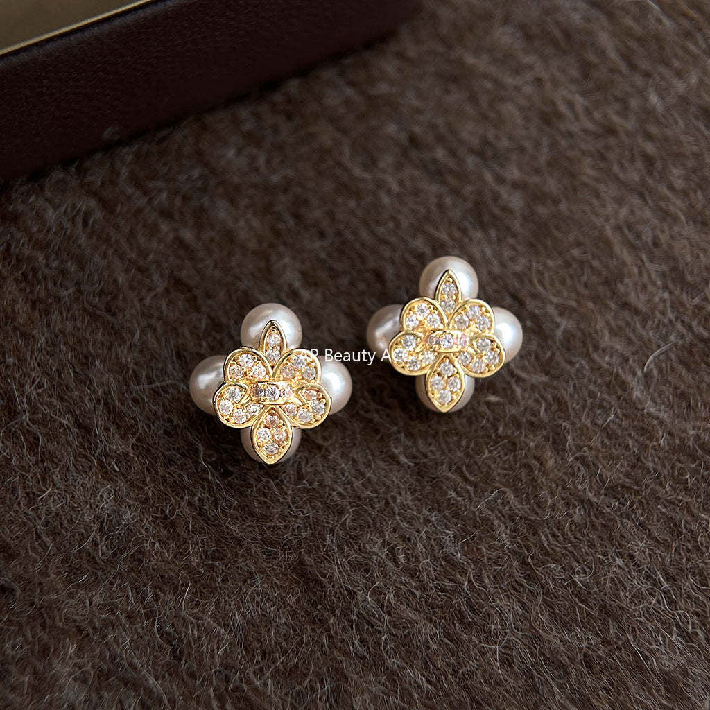 C관 - 플라워 진주 큐빅 925 은침 귀걸이 [7234] 25.12-2