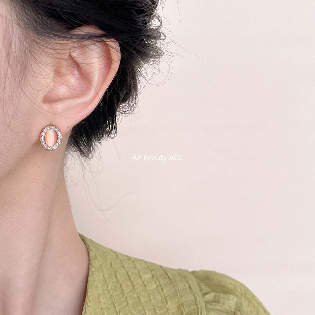 C관 - 글라스 묘안석 타원형 기하학 프렌치 복고풍 14K 도금 귀걸이 [4507] 24.07-2