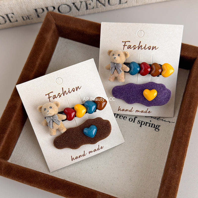 E관 - 벨벳 곰 하트 장식 사이드 앞머리 헤어핀 [27596] 25.10-4