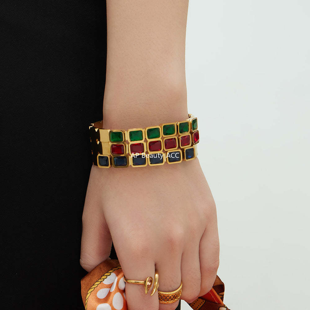 D관 - 사각 글라스 스톤 18K 도금 스테인리스 스틸 팔찌 [Z518] 25.12-2