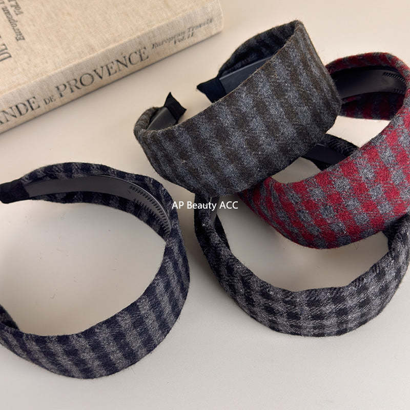 E관 - 레트로 체크무늬 패턴 와이드 머리띠 [27632] 25.11-1