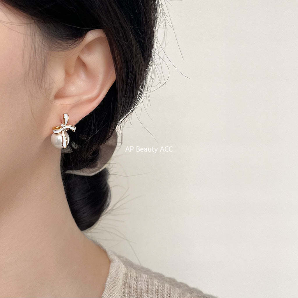 C관 - 14K 도금 미니 큐빅 오일 코팅 리본 귀걸이 고급스러운 글라스 진주 귀걸이 [3874] 24.04-4