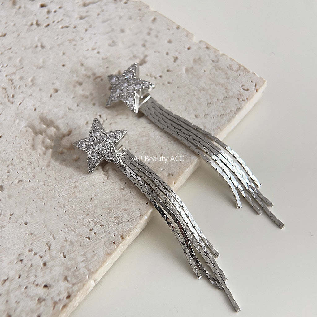 C관 - 미니 큐빅 오각별 긴 백금 도금 은침 귀걸이 [3918] 24.05-3