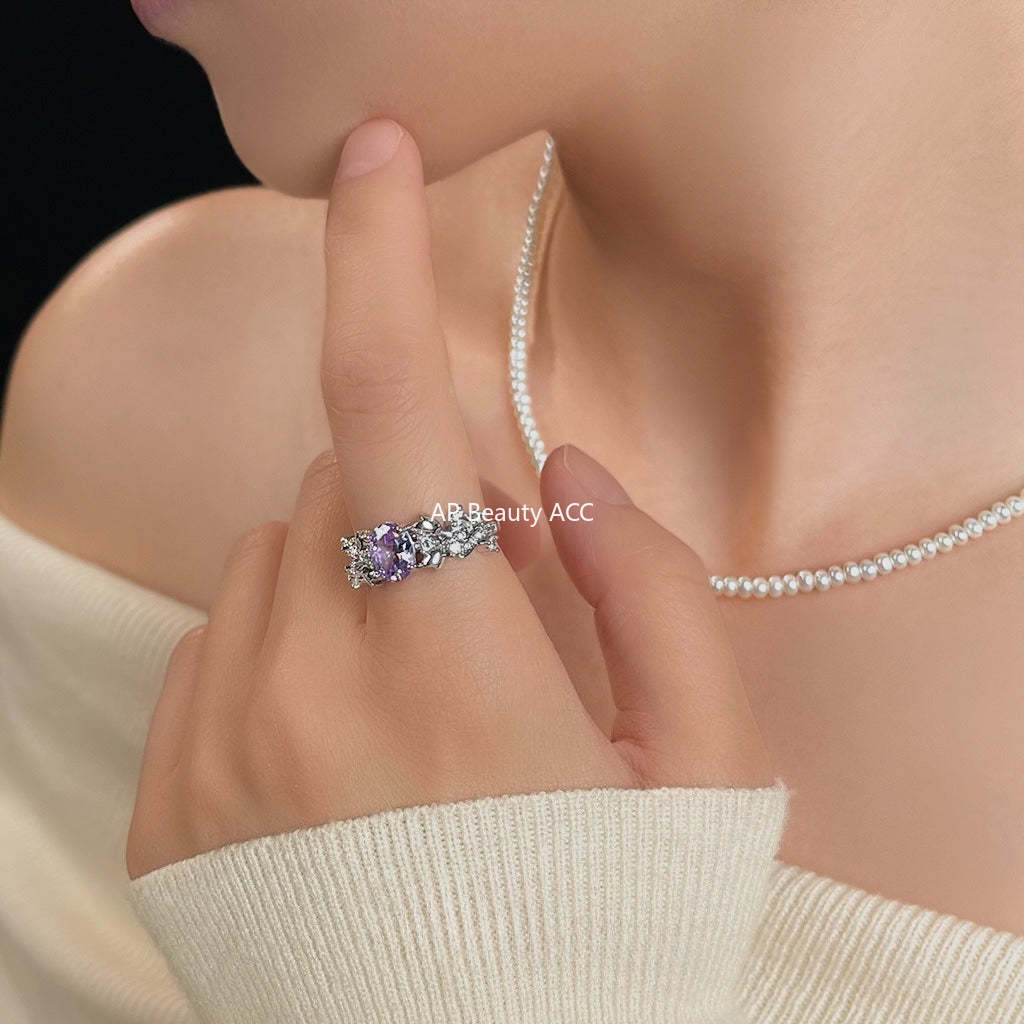 C관 - 화이트골드 도금 퍼플 큐빅 플라워 오픈형 반지 [6945] 25.10-4