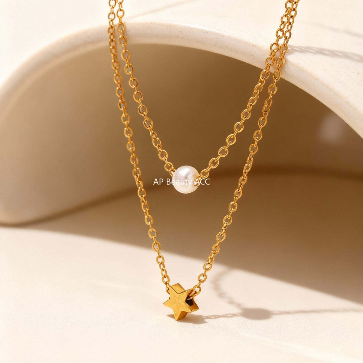 D관 - 스테인리스 스틸 18K 도금 별 진주 더블 레이어 목걸이 [P001] 25.12-1