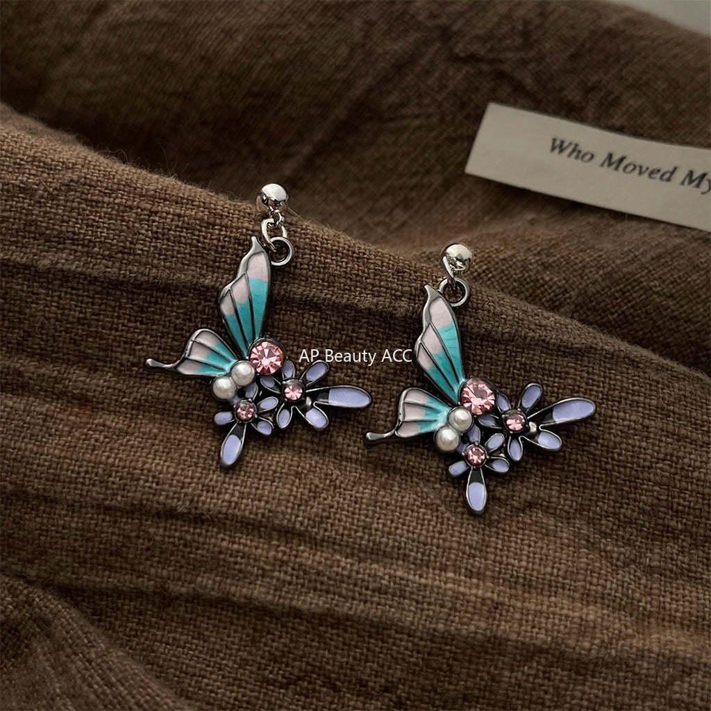 C관 - 에나멜 글레이징 컬러 나비 큐빅 진주 귀걸이 [5773] 25.03-4