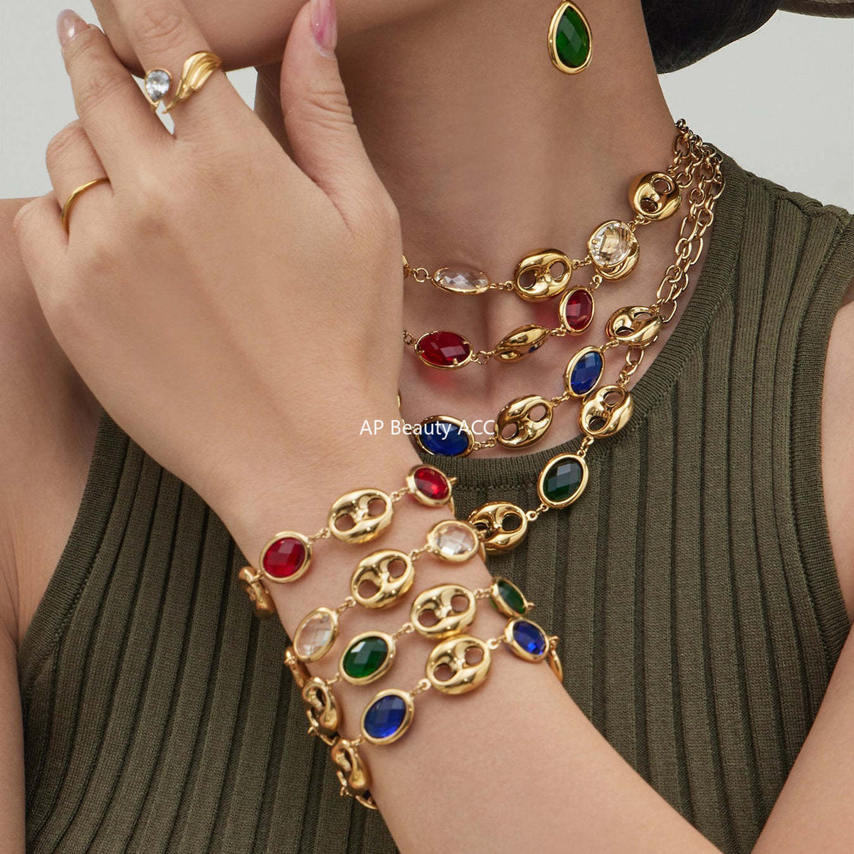 D관 - 돼지코 글라스 스톤 18K 도금 스테인리스 스틸 목걸이 팔찌 [TXP514] 25.12-2