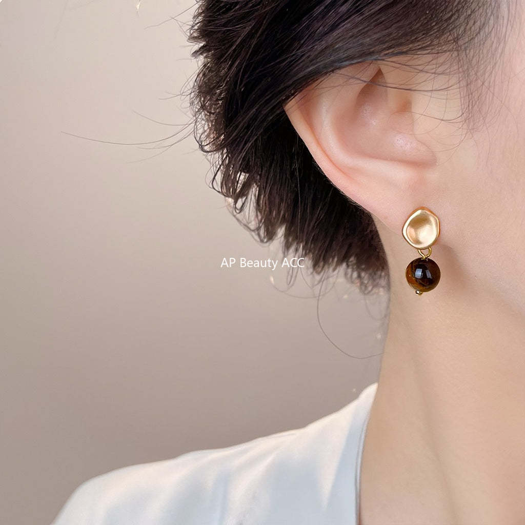 C관 - 925 은침 레트로 비정형 골드 천연석 호안석 귀걸이 [6994] 25.10-5