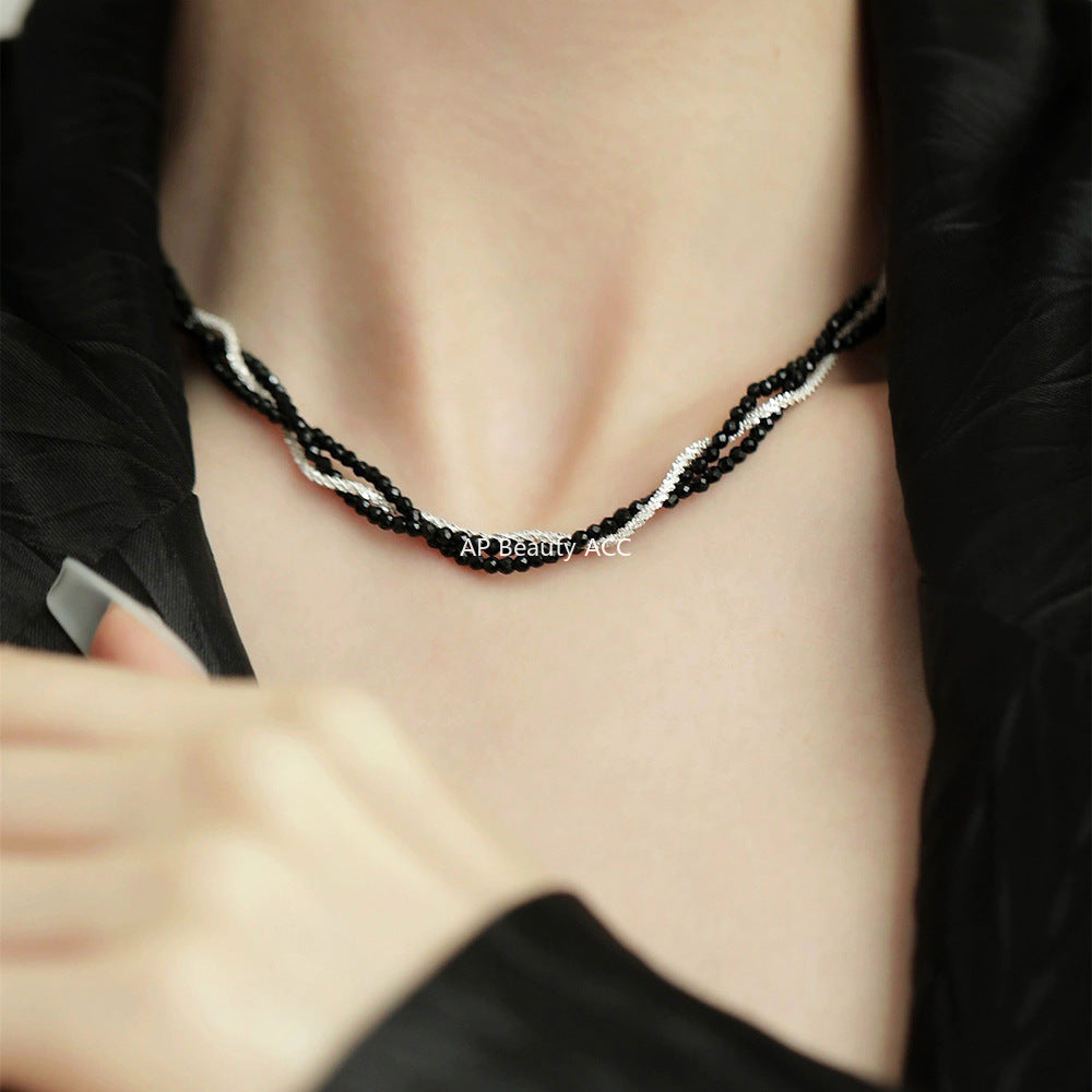 A관 - 925 실버 블랙 스피넬 조각 실버 트리플 레이어 목걸이 [XG40] 25.10-3