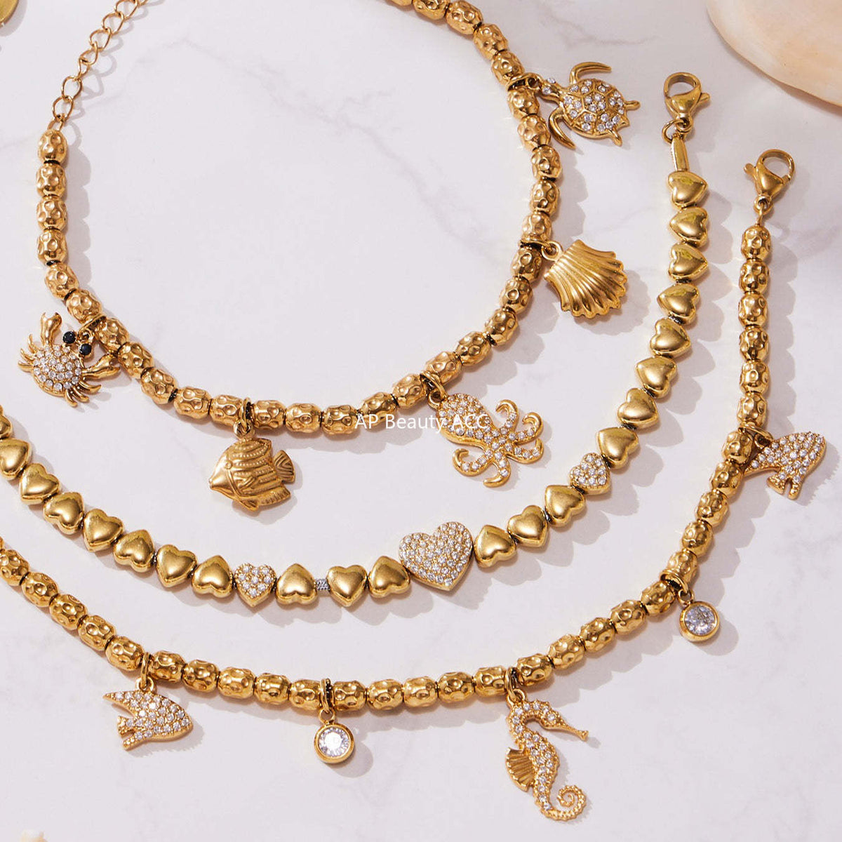 D관 - 스테인리스 18K 도금 큐빅 해마 멀티 펜던트 팔찌 [E693-E694-E695] 25.10-5