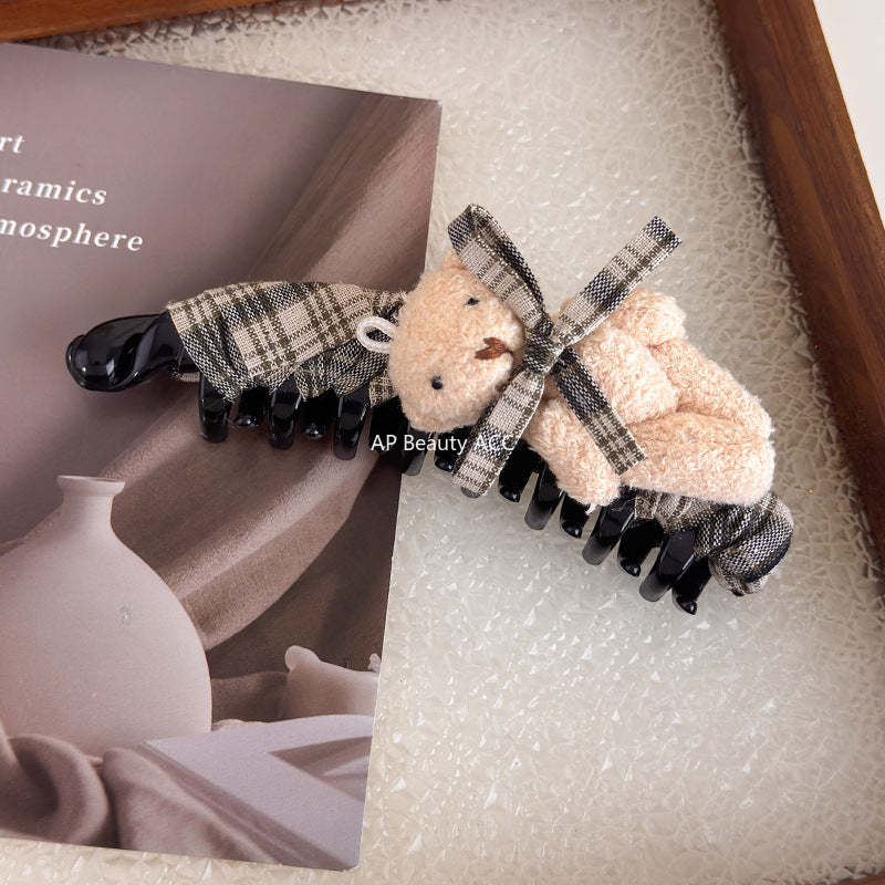 E관 - 체크 패브릭 리본 곰돌이 대형 집게핀 [27722] 25.11-4