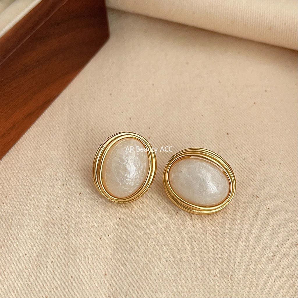 C관 - 프렌치 레트로 홍콩 스타일 와인 레드 타원형 14K 도금 무광 귀걸이 [3570-3571] 24.01-2