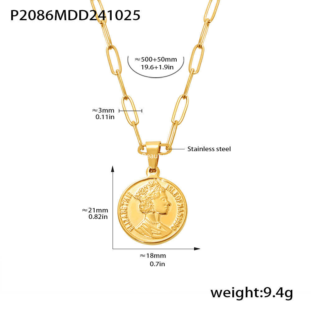 D관 - 엘리자베스 여왕 이미지 더블 레이어 스테인리스 스틸 18K 도금 목걸이 [P2086-P1694] 24.11-1