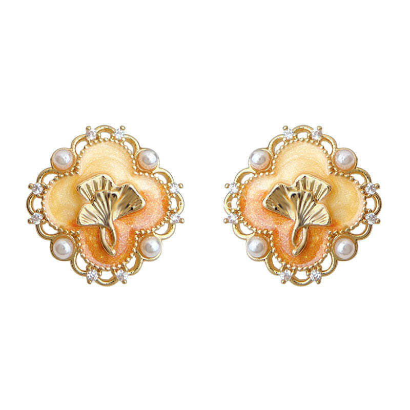 C관 - 925 은침 핸드페인팅 은행잎 진주 디자인 귀걸이 [6960] 25.10-4