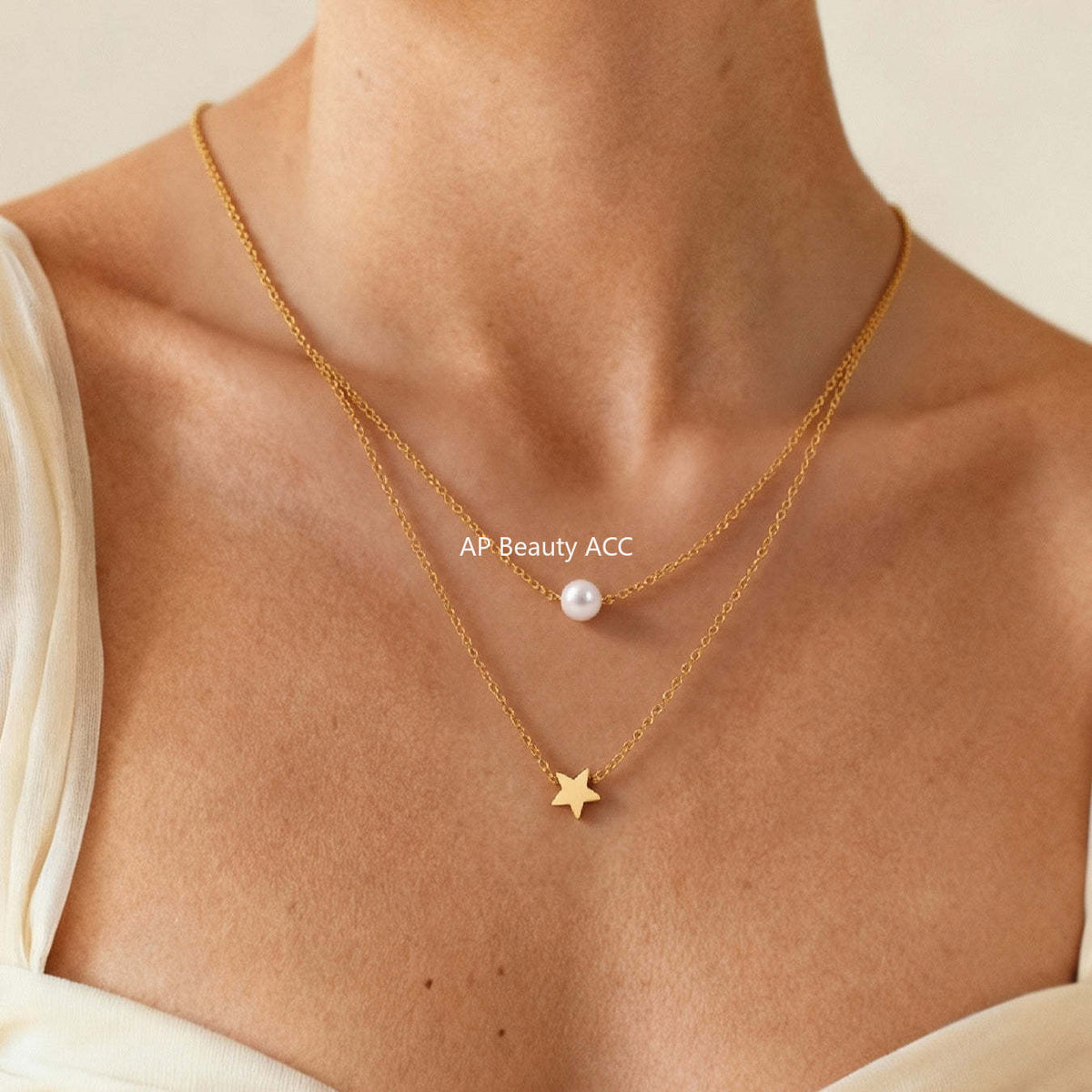 D관 - 스테인리스 스틸 18K 도금 별 진주 더블 레이어 목걸이 [P001] 25.12-1