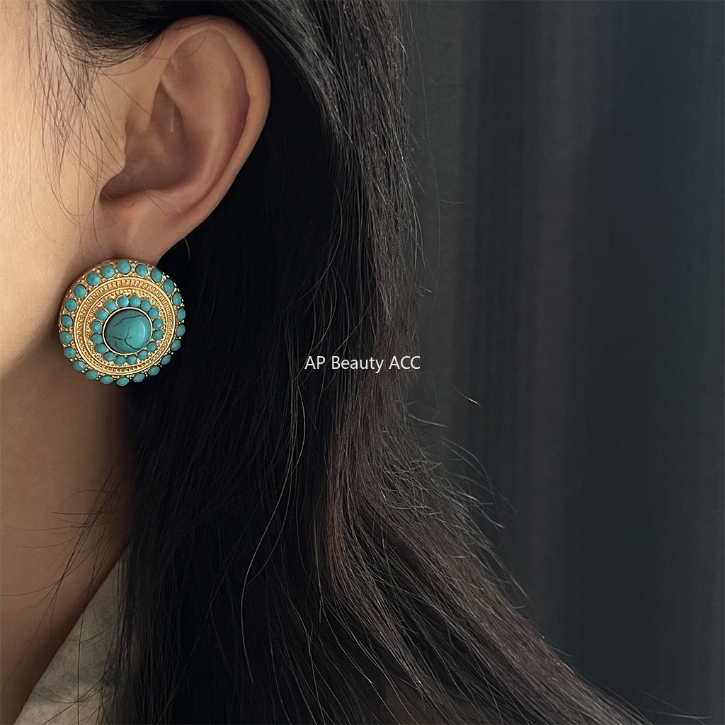 C관 - 합성 터키석 기하학 원형 빈티지 14K 도금 세련된 귀걸이 [4314] 24.07-1