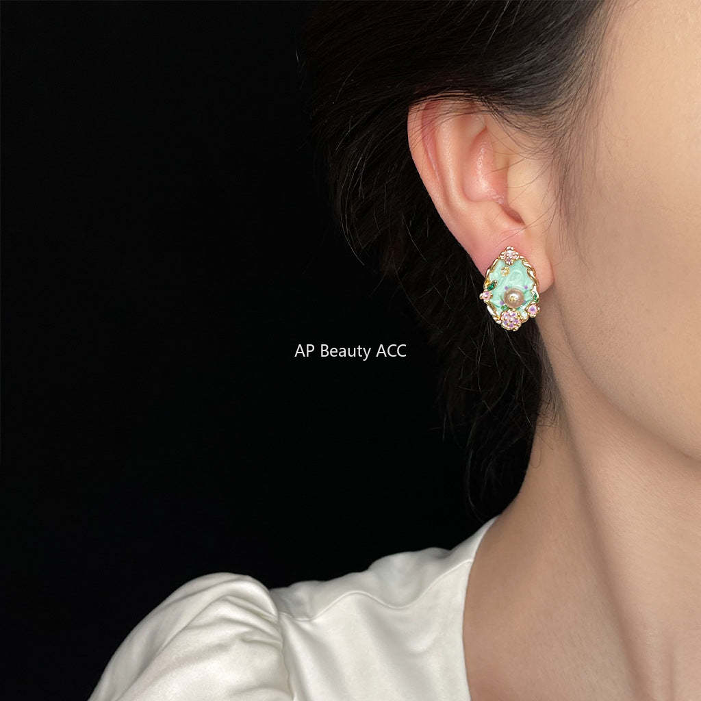 C관 - 그린 에나멜 담수 진주 14K 도금 925 은침 귀걸이 [6232] 25.06-2
