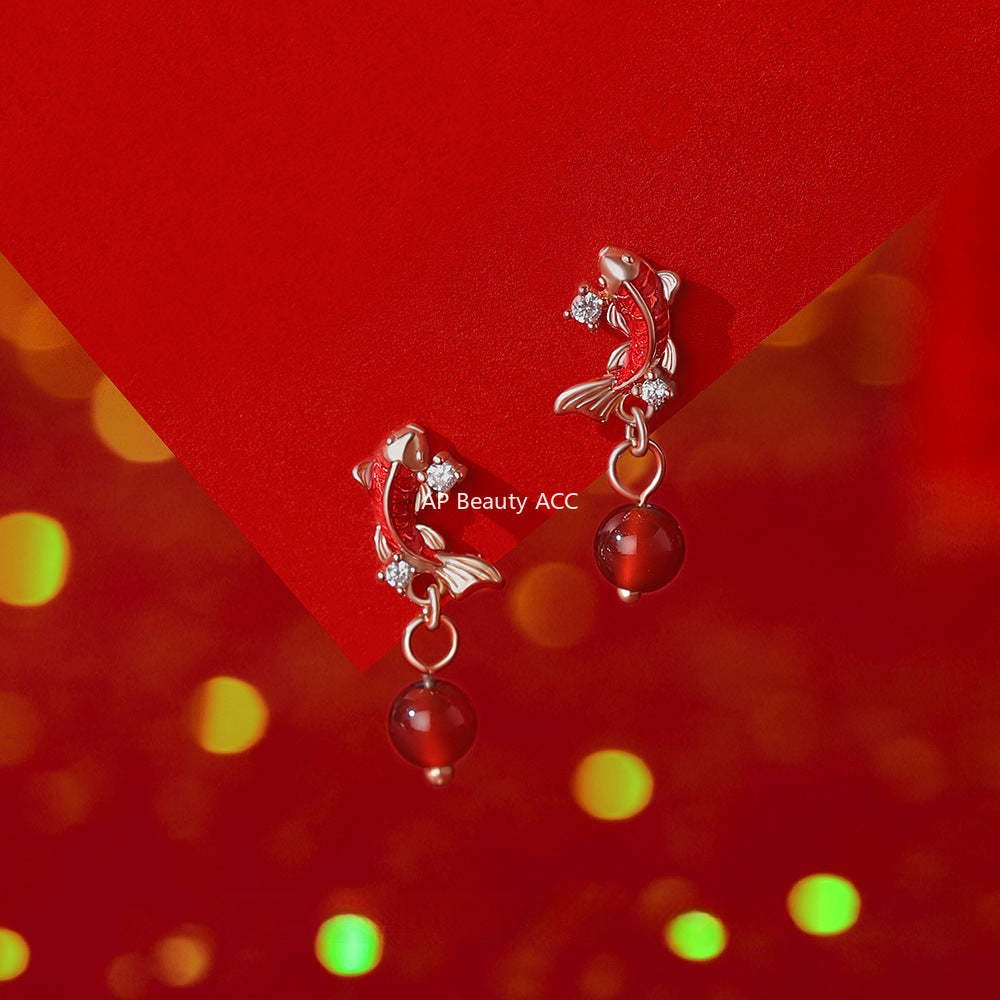 B관 - 999 실버 홍마노 백옥 잉어 모양 목걸이 귀걸이 팔찌 [YC3379E_1 YC2289N_1 YC5110SL_1] 25.12-2