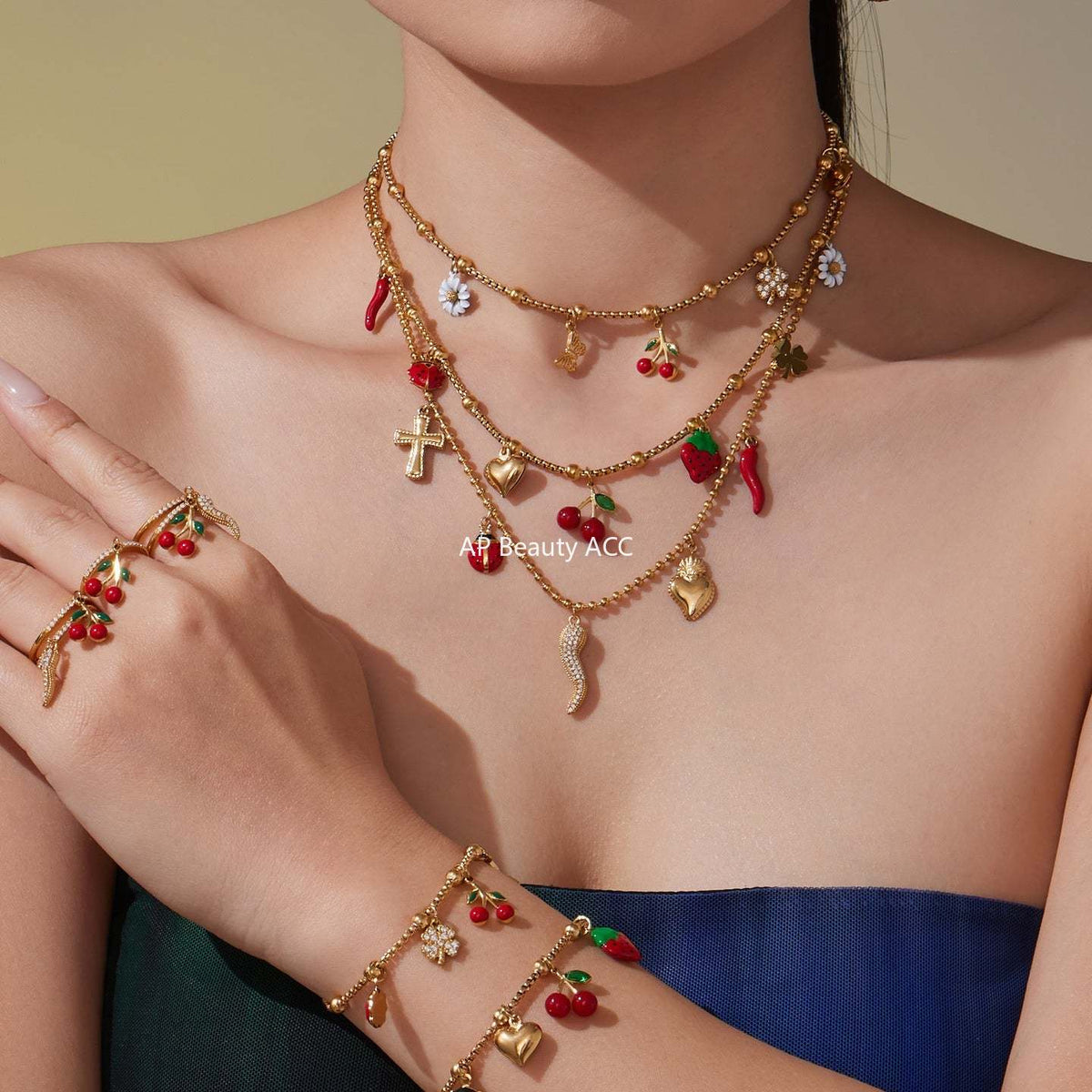 D관 - 스테인리스 스틸 큐빅 체리 딸기 펜던트 목걸이 팔찌 반지 [TXP437] 25.10-4