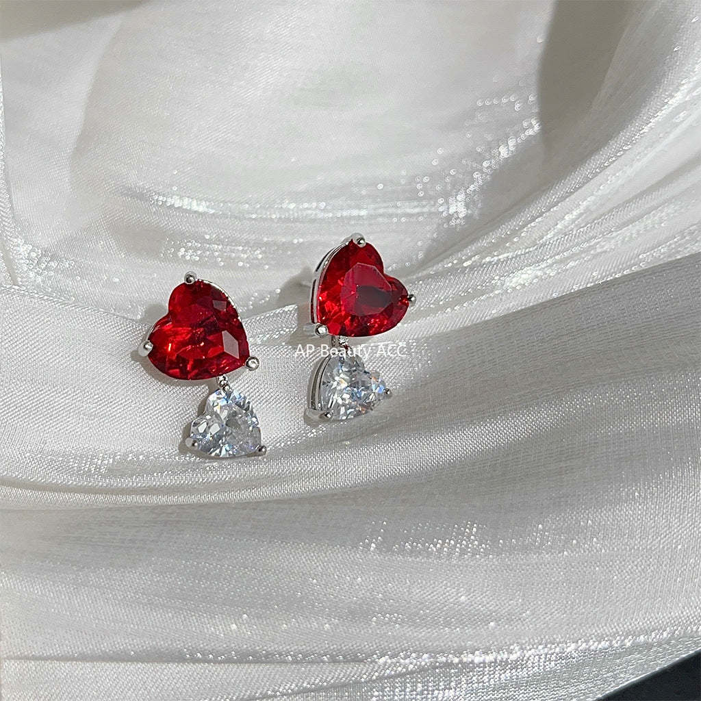 C관 - 고급스러운 컬러 큐빅 하트 귀걸이 분위기 있는 스윗한 빨간색 하트 귀걸이 [1734] 24.05-4