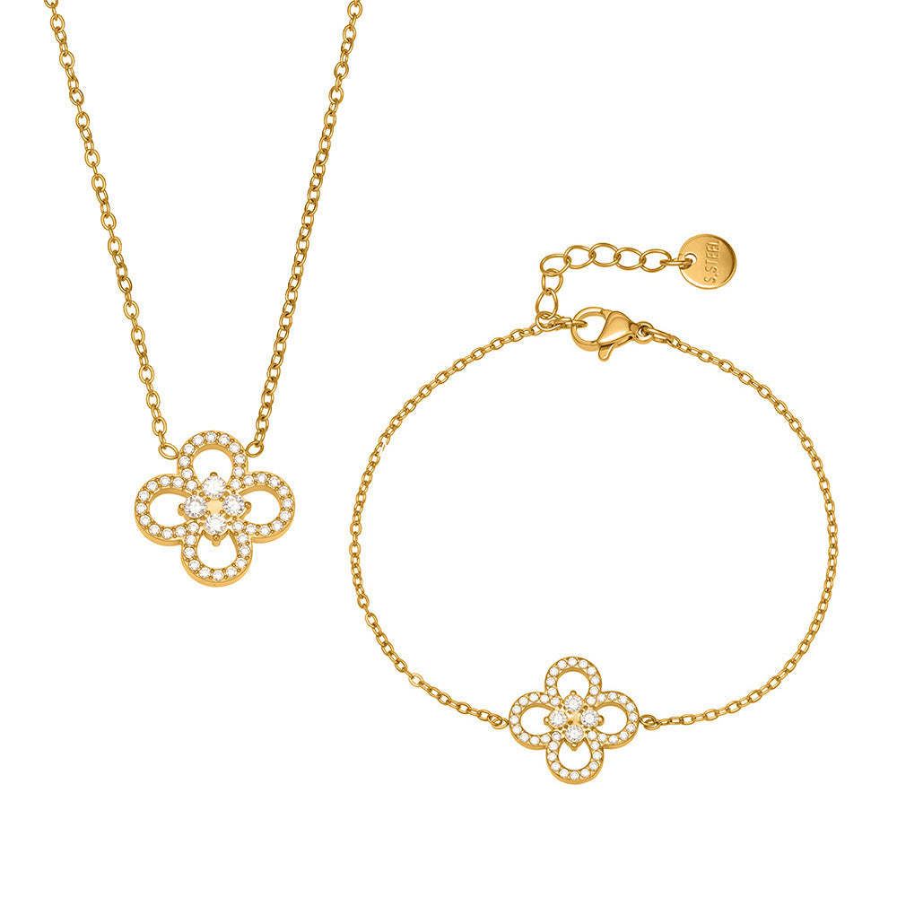 D관 - 네잎클로버 큐빅 18K 도금 스테인리스 목걸이 팔찌 [TXP474-TXE474] 25.11-3