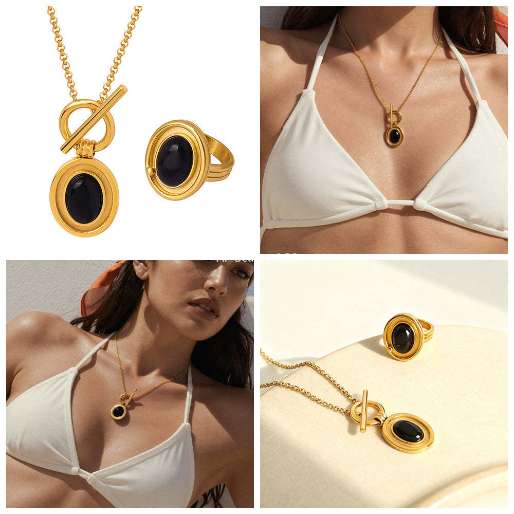 D관 - 오닉스 펜던트 OT 고리 18K 도금 스테인리스 스틸 목걸이 반지 [P1889] 25.12-2