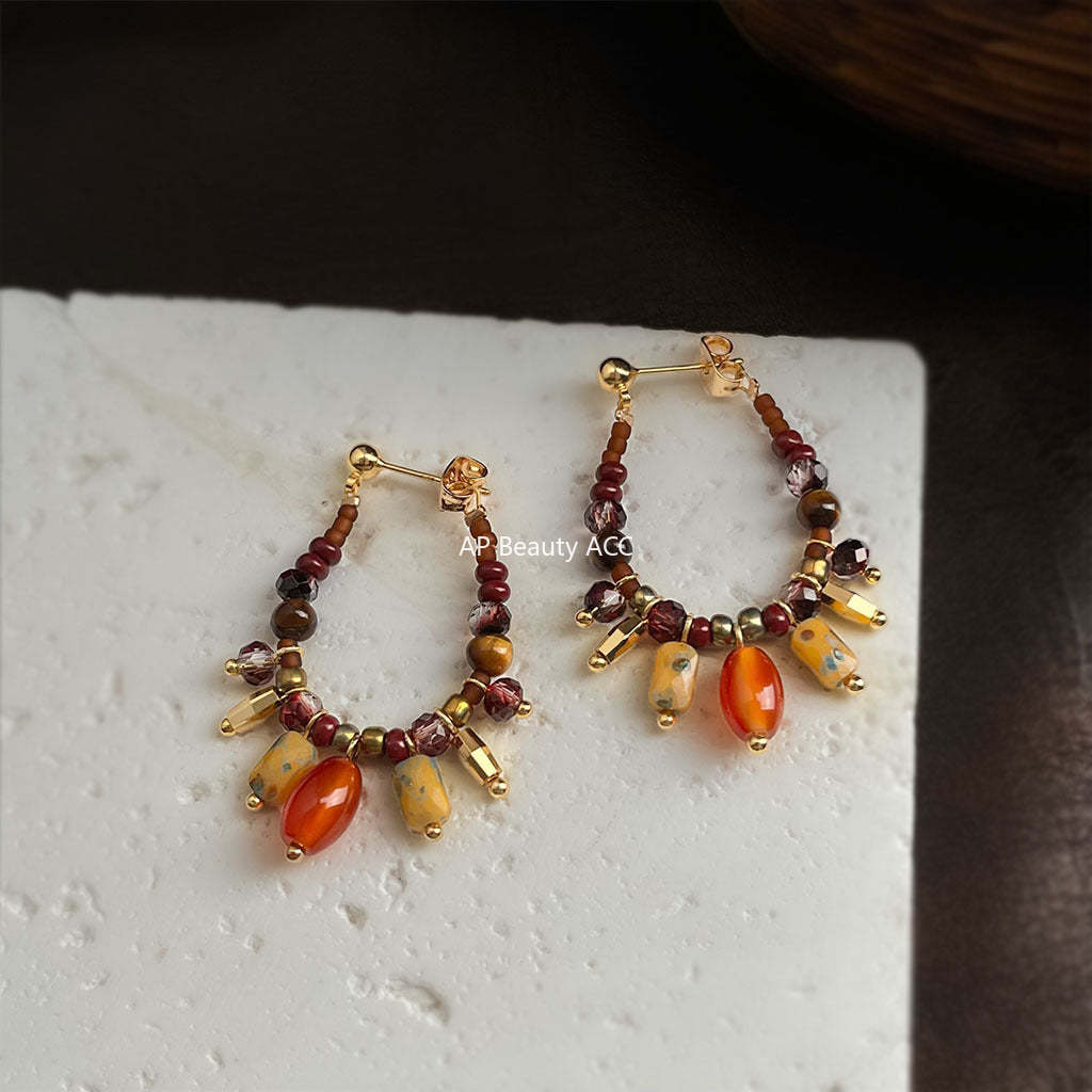 C관 - 925 은침 핸드메이드 글라스 천연석 호안석 홍마노 귀걸이 [6969] 25.10-5