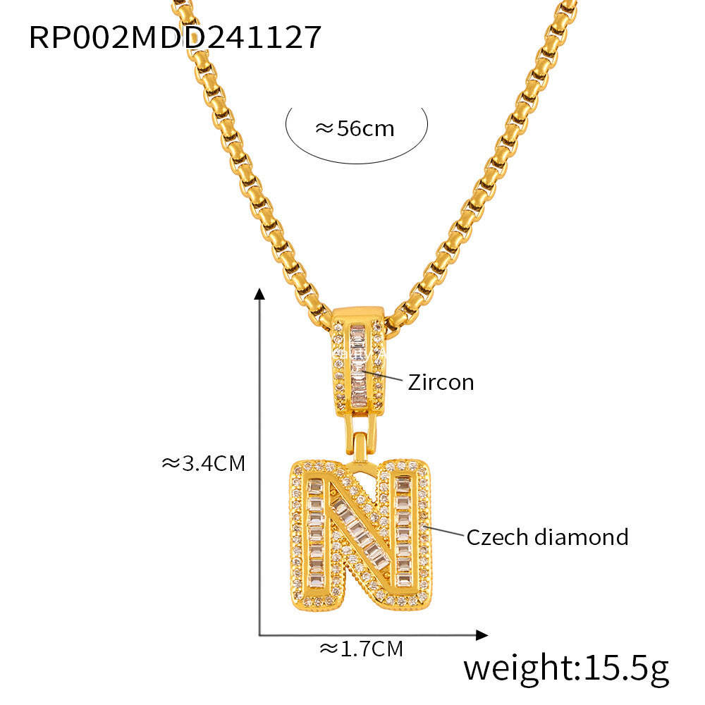 D관 - 큐빅 알파벳 펜던트 롱 체인 티타늄 스틸 골드 도금 목걸이 [RP002] 24.12-2