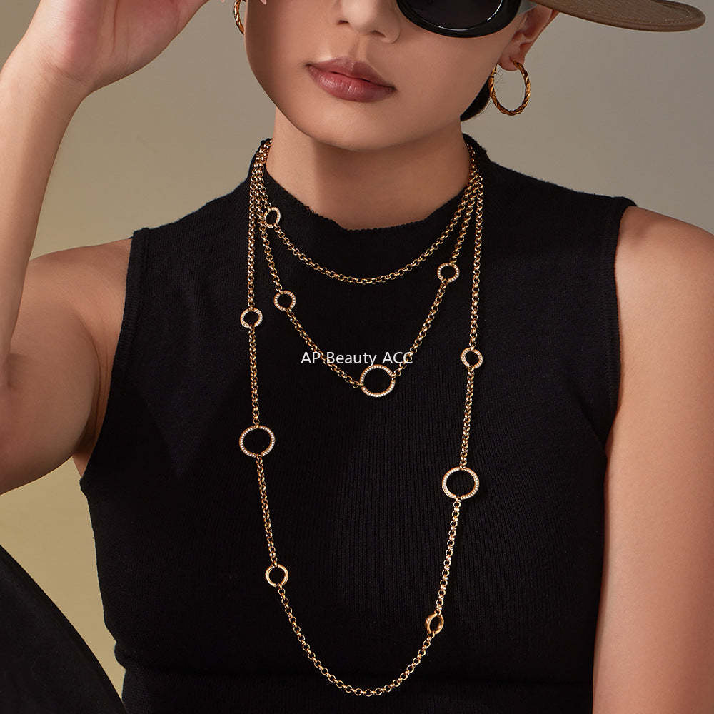 D관 - 큐빅 O체인 더블 레이어드 스테인리스 스틸 롱 목걸이 [M085] 25.11-3