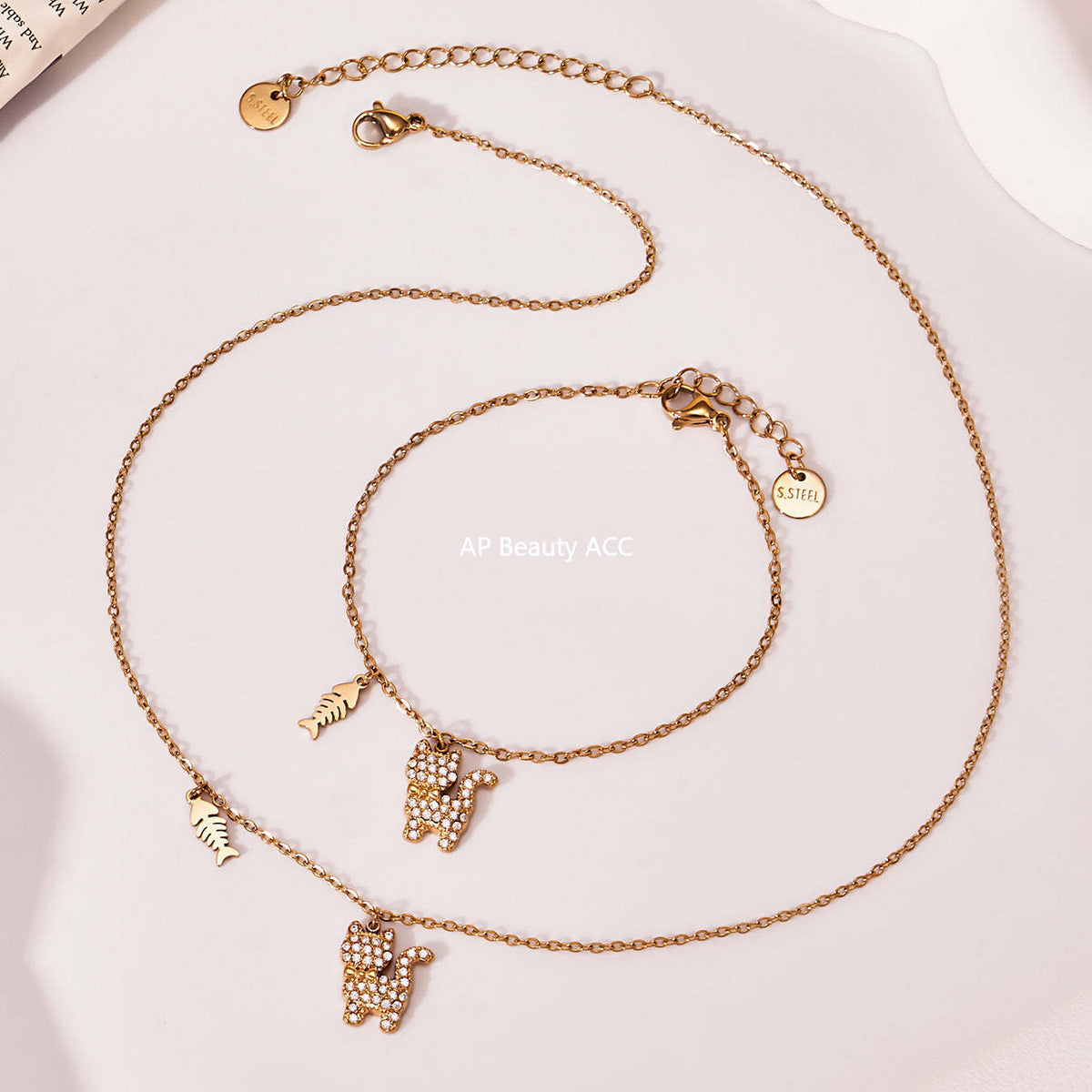 D관 - 고양이 큐빅 펜던트 스테인리스 18K 도금 목걸이 팔찌 [TXP464] 25.11-3