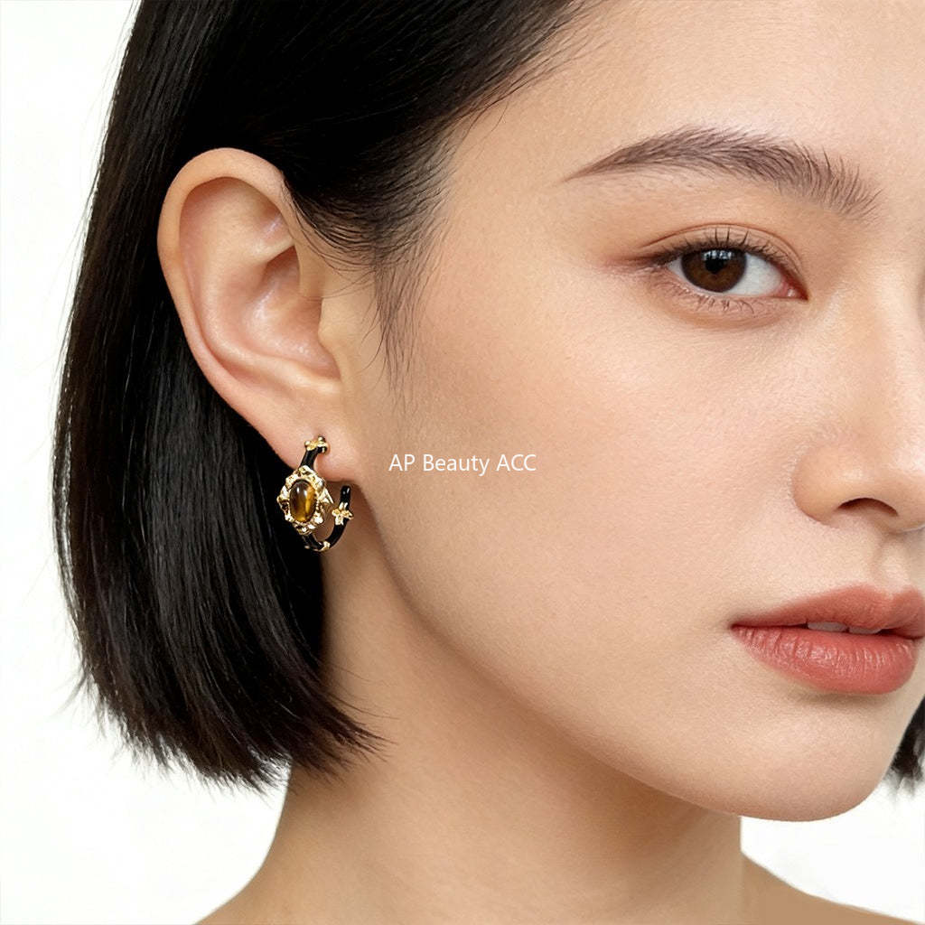 C관 - 천연 호안석 빈티지 에나멜 C형 귀걸이 [7238] 25.12-3