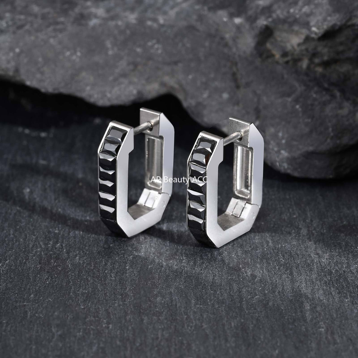 G관 - 스테인리스 스틸 블랙 큐빅 8각형 귀걸이 [EH-802] 25.12-1