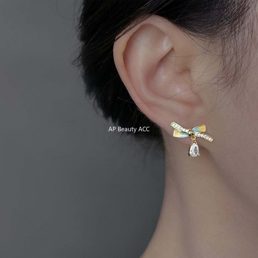 C관 - 큐빅 925 은침 14K 도금 핸드페인팅 리본 귀걸이 [6721] 25.09-4