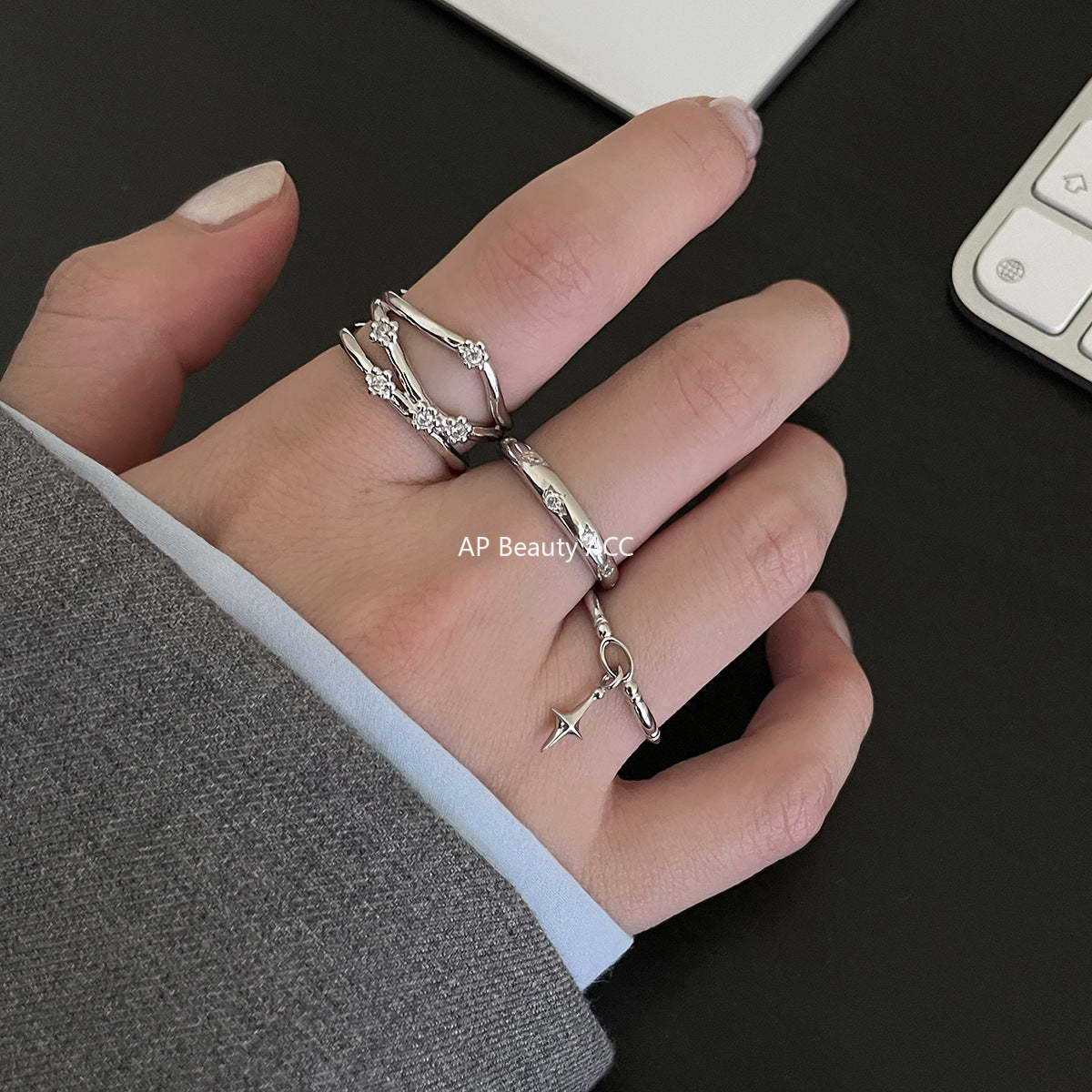 A관 - 925 실버 별 펜던트 큐빅 오픈형 반지 [JZ-0720] 25.10-5