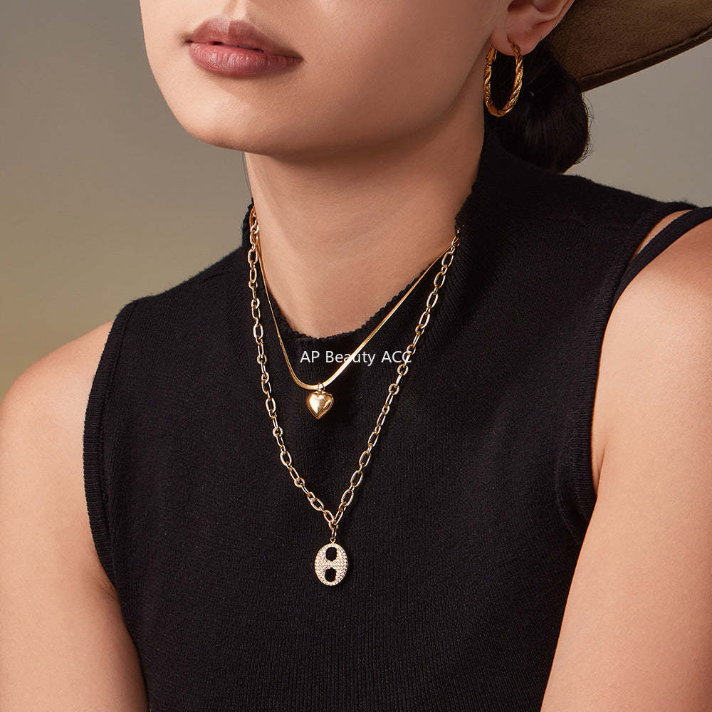 D관 - 더블 레이어 하트 큐빅 18K 도금 스테인리스 목걸이 [P100] 25.11-3