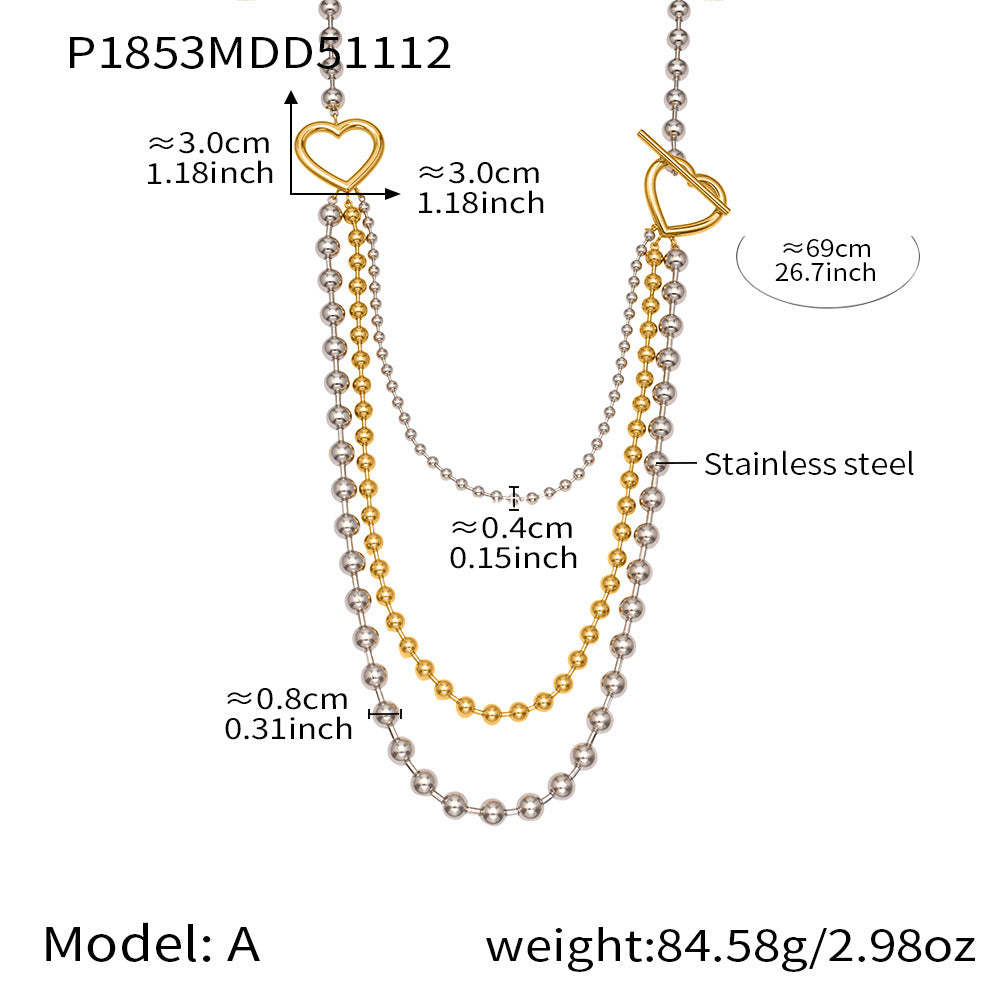 D관 - 투톤 하트 라운드 비즈 체인 레이어드 스테인리스 목걸이 [P1853] 25.11-3