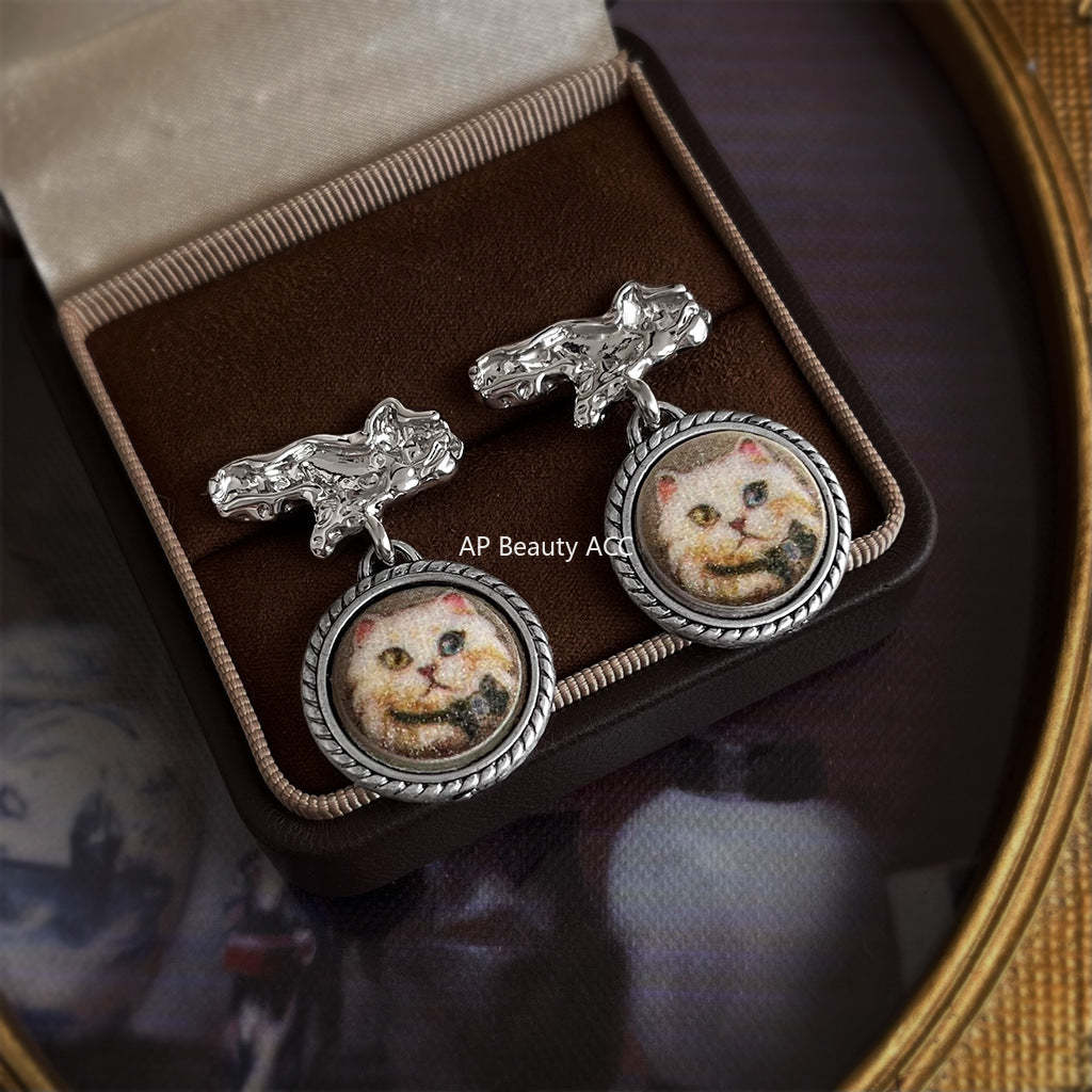 C관 - 핸드페인팅 레진 고양이 925 은침 귀걸이 [6974] 25.10-5