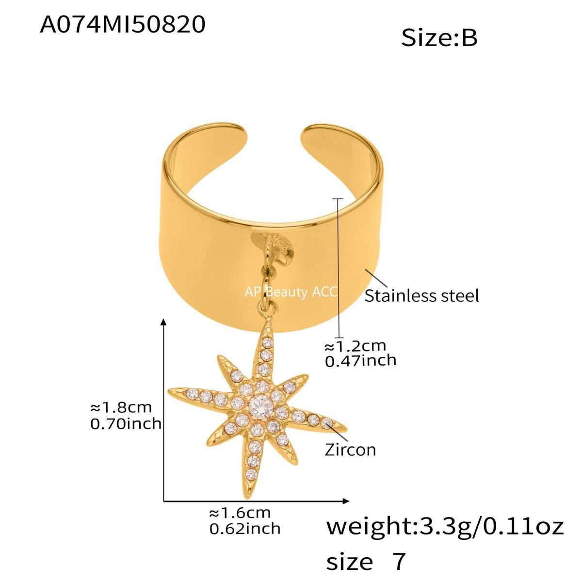 D관 - 스테인리스 스틸 와이드 별 큐빅 18K 골드 도금 오픈형 반지 [A074] 25.09-4