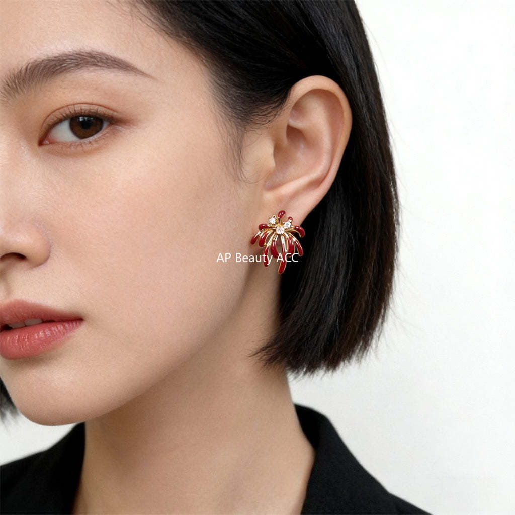 C관 - 925 은침 레드 폭죽 모양 큐빅 귀걸이 [7248] 25.12-3