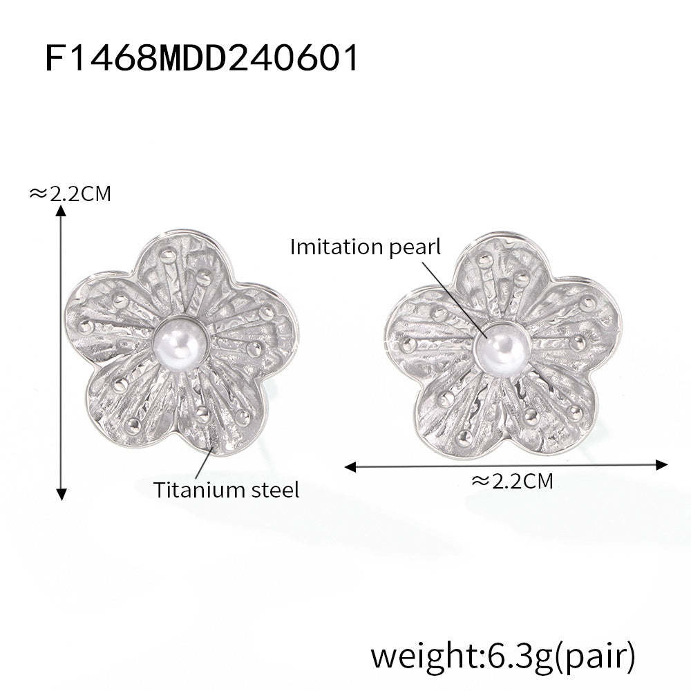 D관 - 티타늄 스틸 18K 도금 모조 진주 플라워 디자인 우아한 귀걸이 [F1468] 24.06-1
