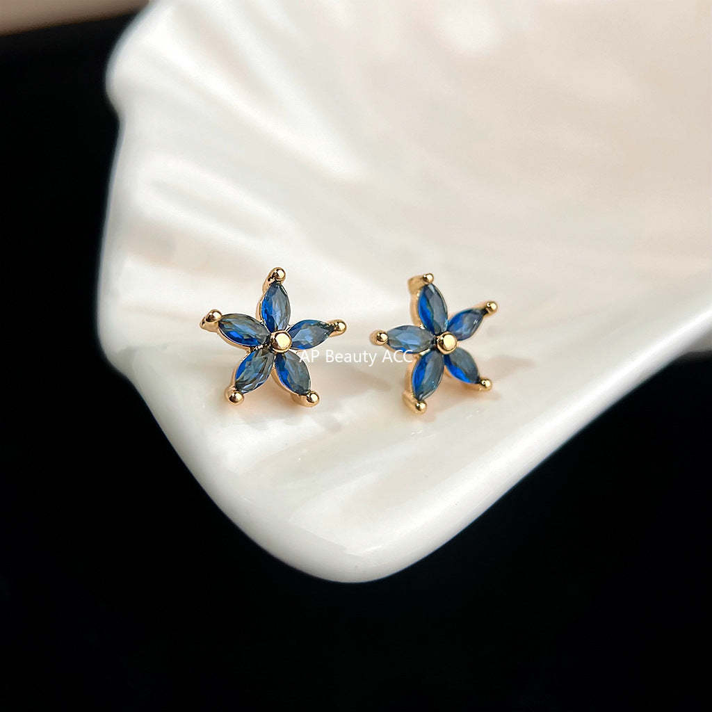 C관 - 블루 플라워 큐빅 14K 도금 은침 귀걸이 [5856] 25.04-3