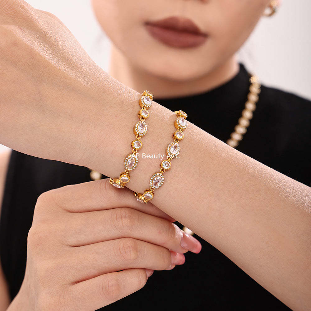D관 - 스타 큐빅 세팅 핸드메이드 체인 고급 스테인리스 스틸 PVD 18K 도금 팔찌 [E570-571] 24.11-4