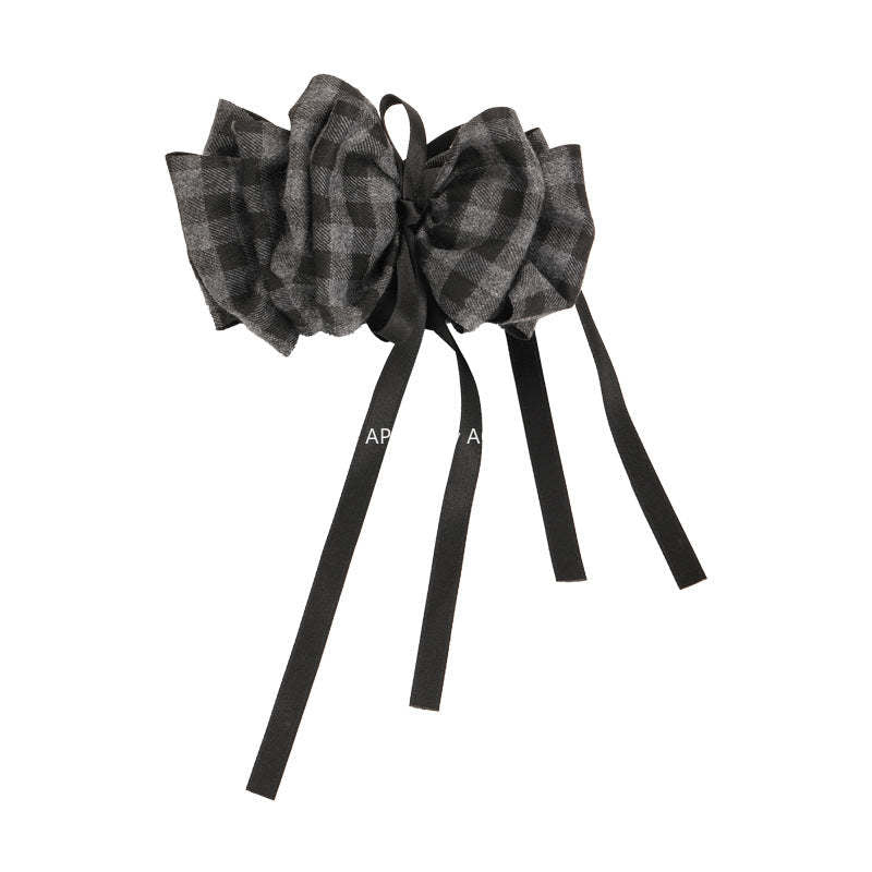 E관 - 그레이 체크 기모 리본 스트랩 집게핀 [27723] 25.11-4