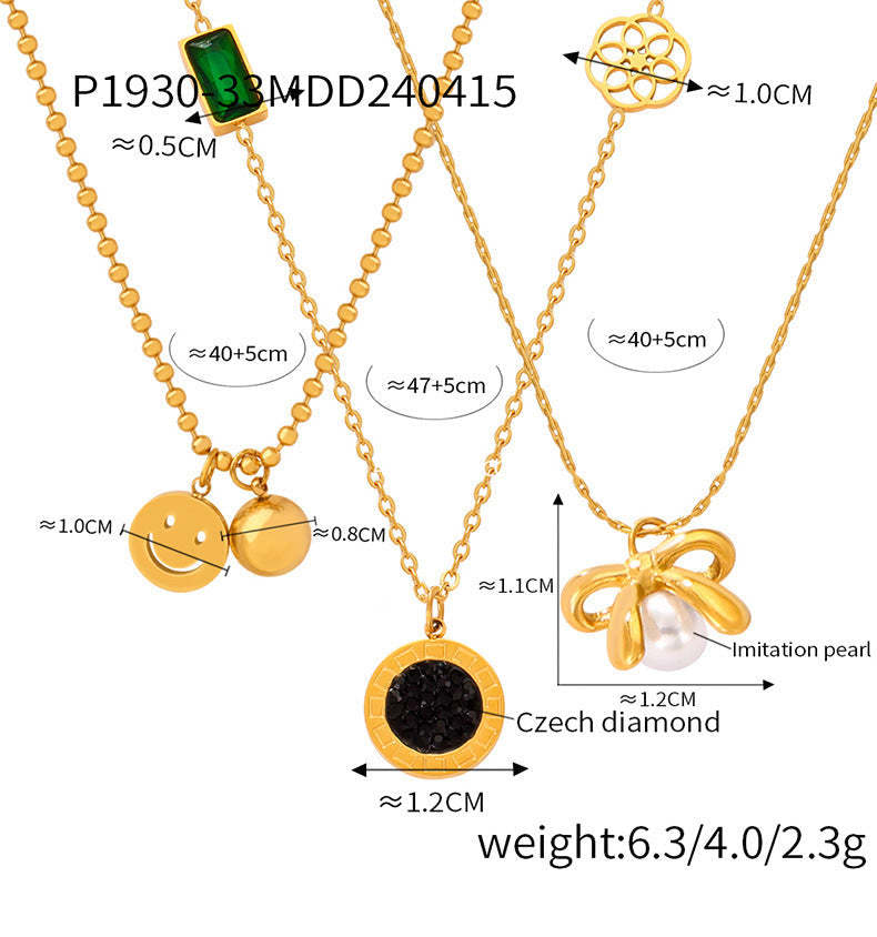 D관 - 프렌치 디자인 리본 로마 모조 진주 라운드 펜던트 티타늄 스틸 도금 목걸이 [P1930-3] 24.04-3