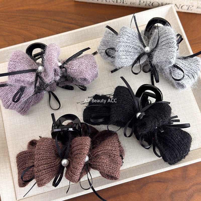 E관 - 털실 니트 진주 리본 디자인 집게핀 [27667] 25.11-2