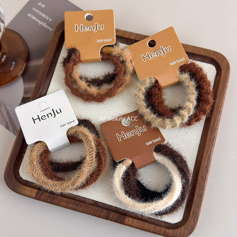 E관 - 퍼 소재 3개 세트 고무줄 머리끈 헤어밴드 [24257] 25.11-3