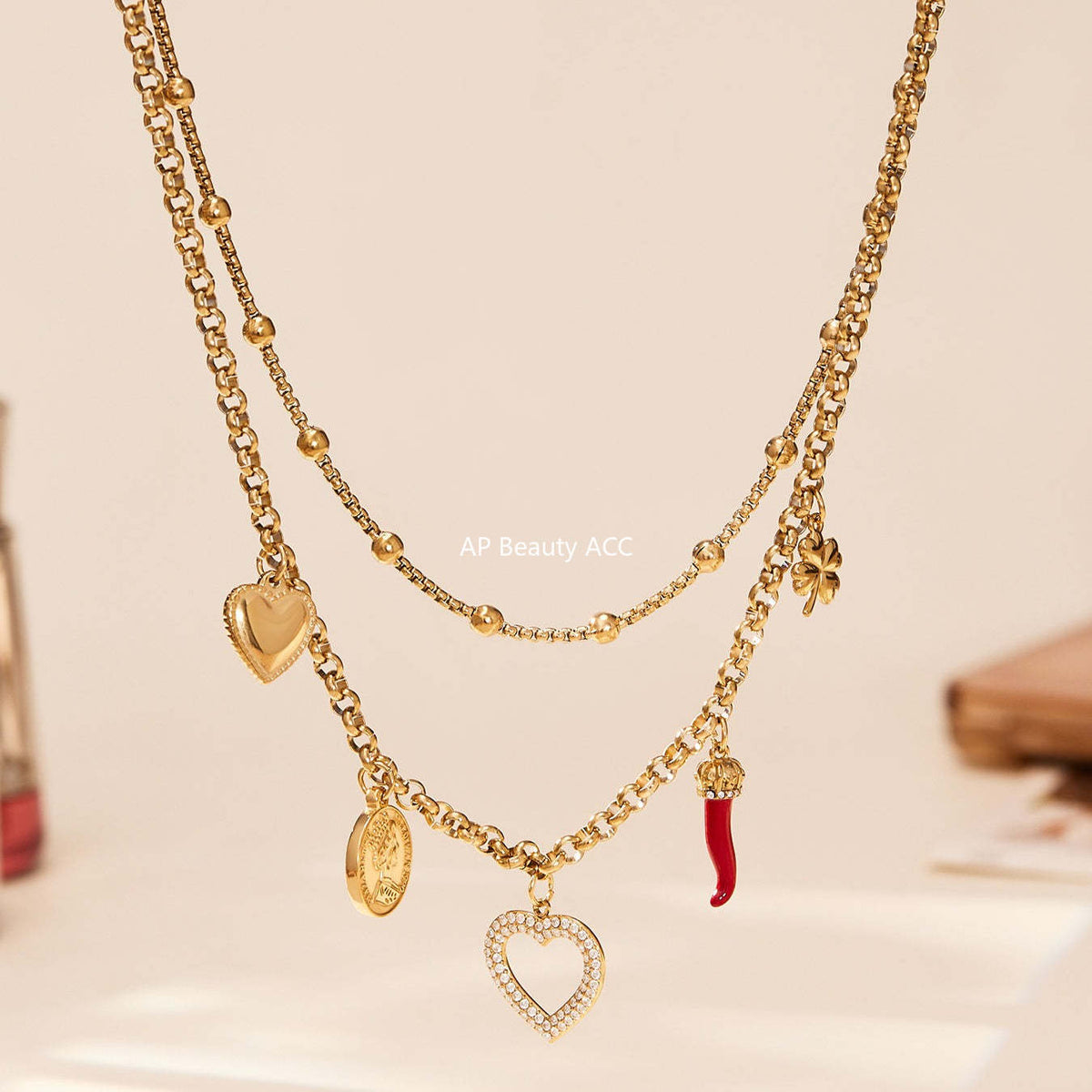 D관 - 더블 레이어 하트 큐빅 멀티 펜던트 스테인리스 목걸이 [P170] 25.11-3