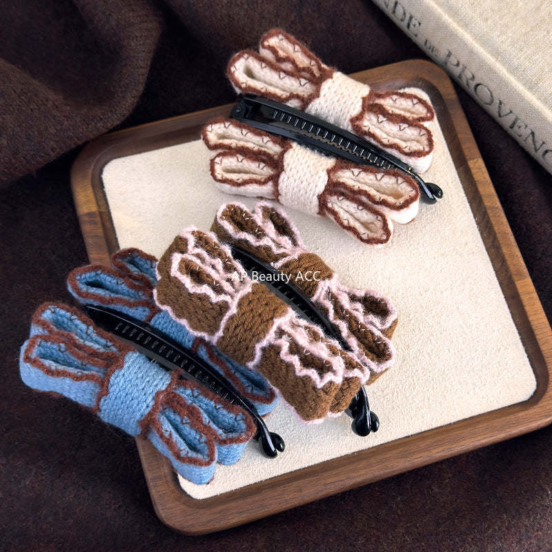 E관 - 니트 더블 레이어 리본 바나나 집게핀 [27758] 25.12-1